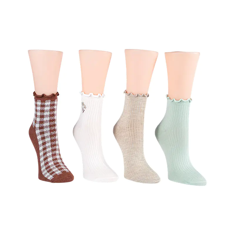 Ribbe M/ Brodert Blomst/ Ginghamlettuce Welt Anklet 4ppk Sokker